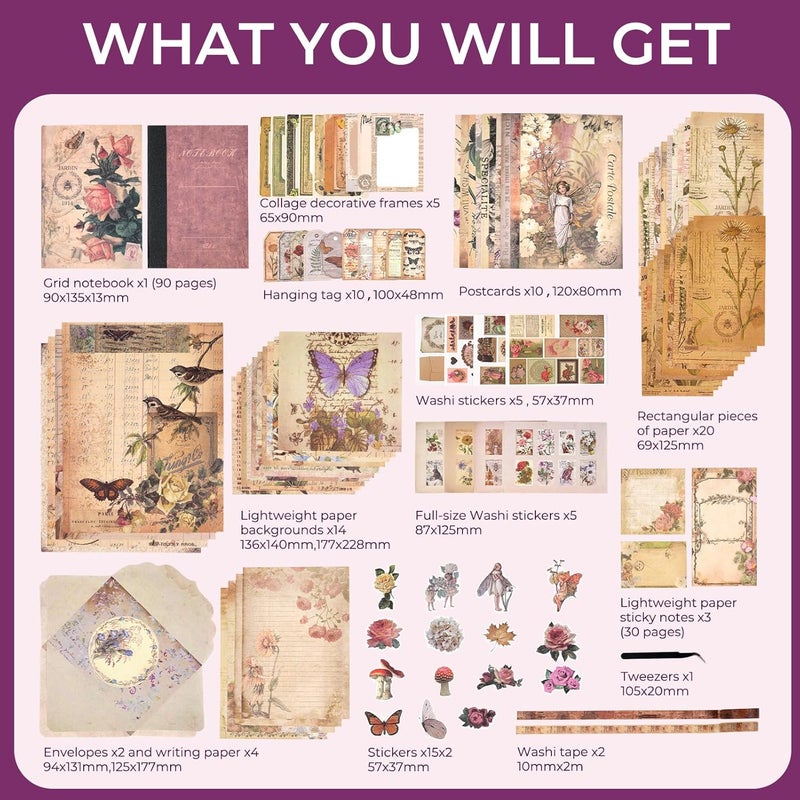 Funto Scrapbooking Kit (202 PCS), Vintage Collection-Rose Angel, Perfect for Bullet Scrapbooking Materials, Planner DIY Arts Craft Collage - Image 2